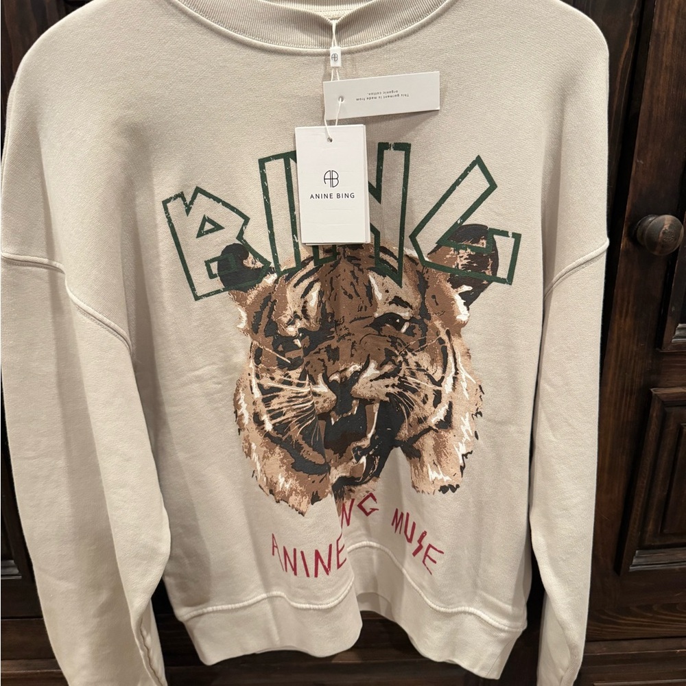 Anine Bing Beige Tiger Graphic Crewneck Sweater